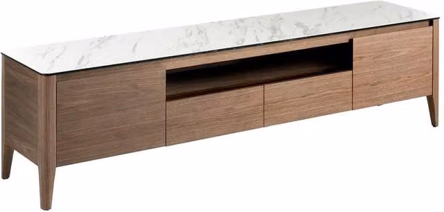 Angel Cerda Modern Walnut TV Stand with Glass Top and Media Compartments in Brown, W: 200 cm, D: 51 cm, H: 51 cm – 1