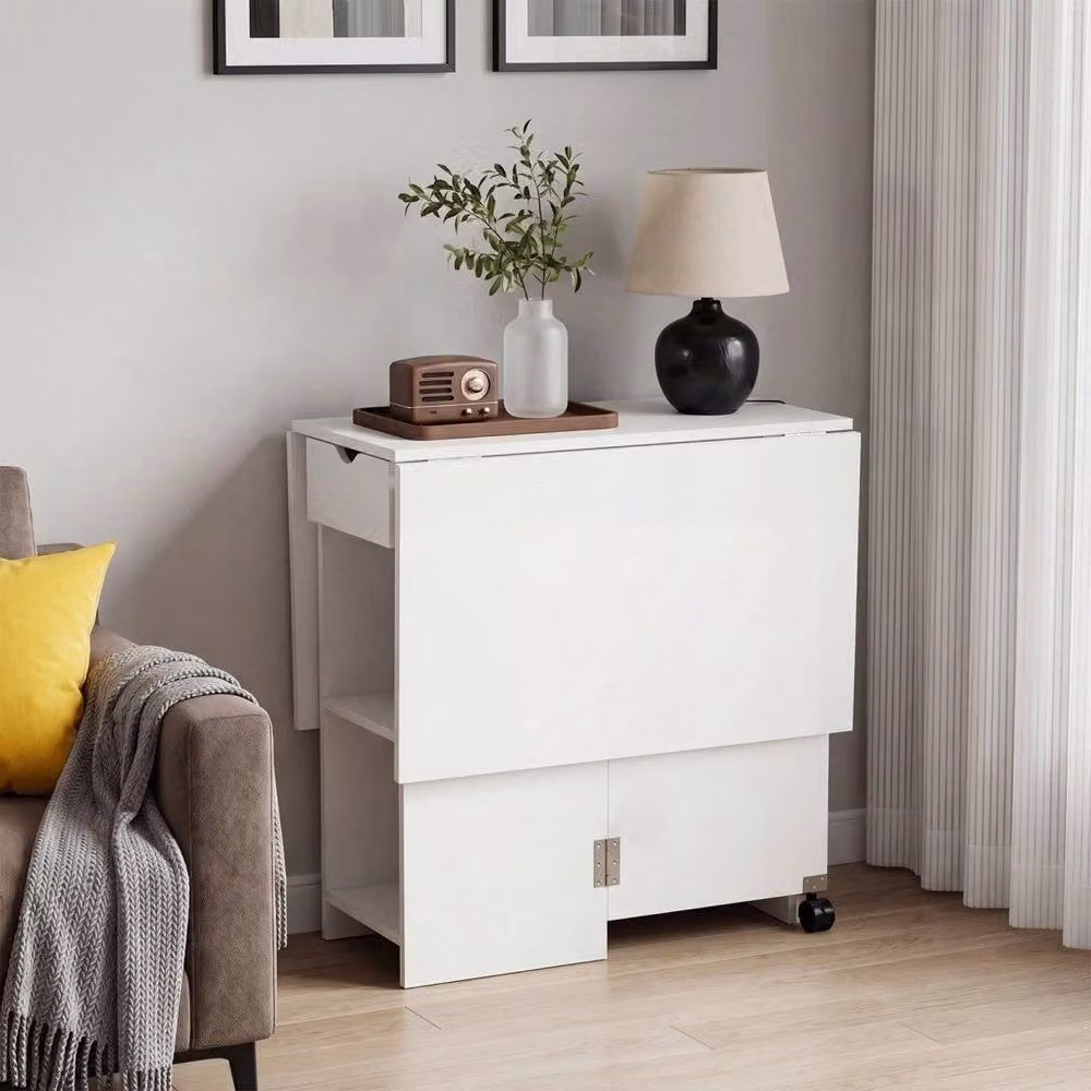 KORVIXA Foldable Square Dining Table with Butterfly Leaf, Castors and Storage Shelf in White – 3