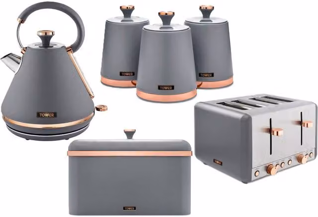 Tower Cavaletto Kitchen Bundle in Grey and Gold with Kettle, Toaster, Bread Bin and 3 Canister Set – 1