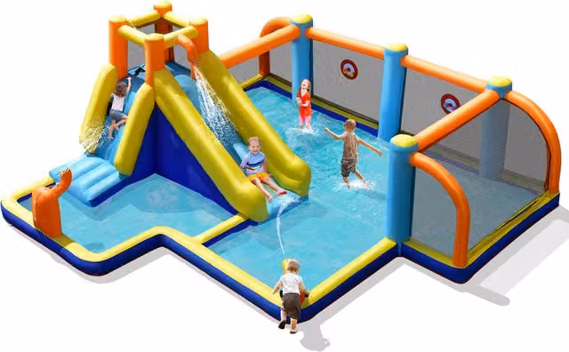 COSTWAY Inflatable Water Slide Play Centre for Children in Blue and Multicolour with Spray and Safety Net