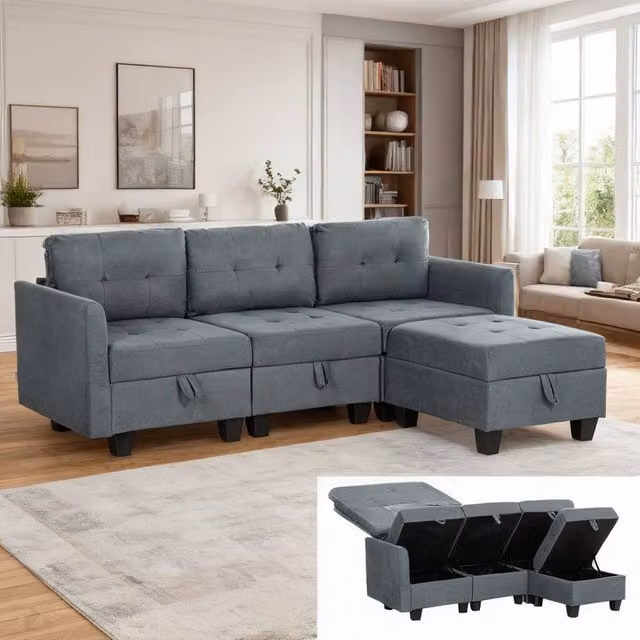 ERGOVEXA L-Shape Modular Sofa in Grey with Storage and Reversible Fabric Upholstery