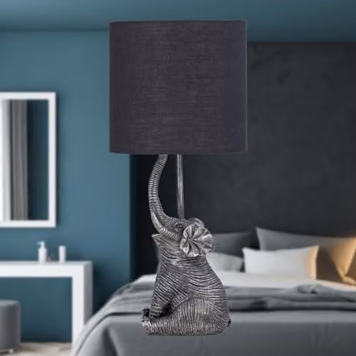 First Choice Lighting Set of 2 Elephant Black Resin Table Lamps with Black Fabric Shades H 45 cm x W 20 cm x D 20 cm – 5