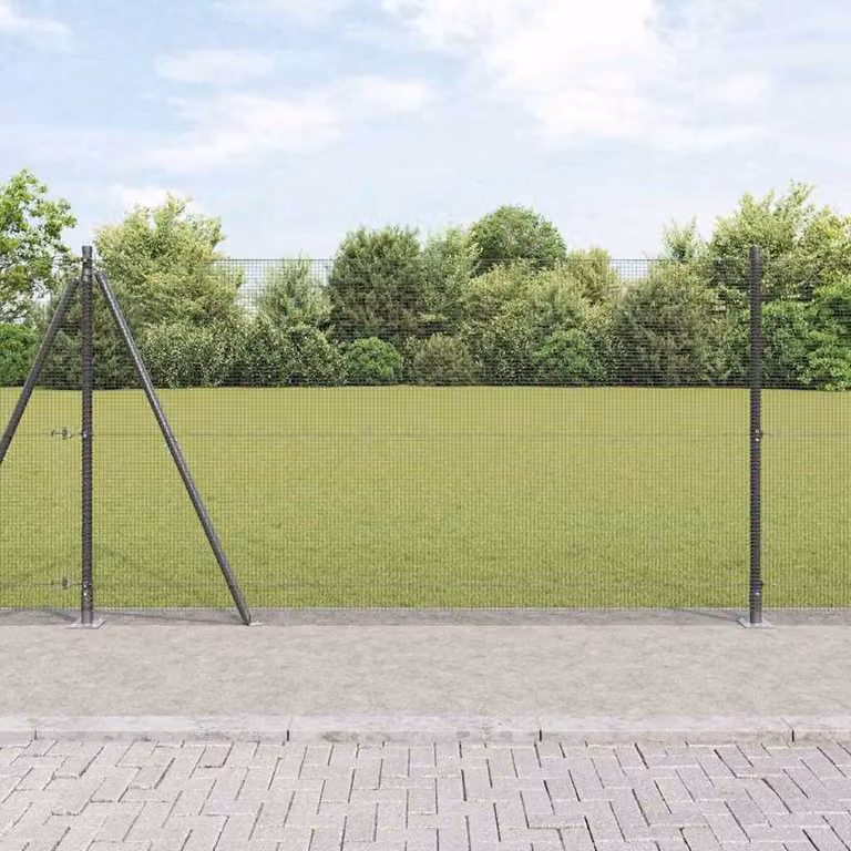 Berkfield Home Grey Steel Welded Wire Fence with 13 Flanged Posts, W: 50 m, H: 1.2 m
