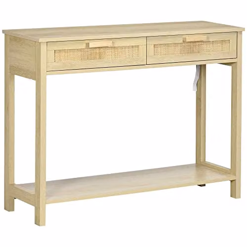 HOMCOM Boho Natural and Beige Console Table with Storage Shelf and Drawer for Hallway, Living Room or Bedroom, W: 100 cm, D: 30 cm, H: 76 cm