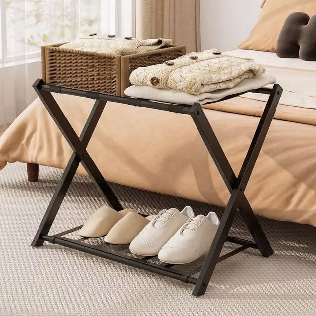 VOGREX Black Metal Folding Luggage Rack with Shelf