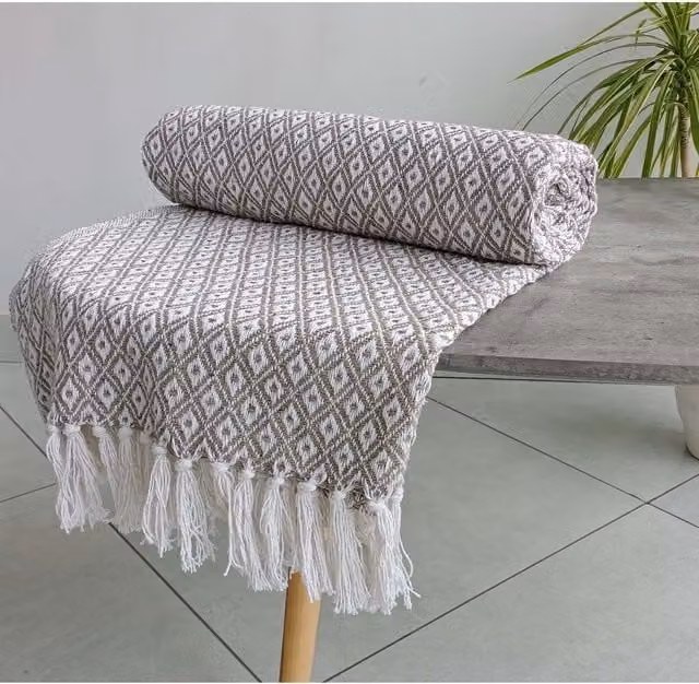 Rapport Home Eden Geometric Recycled Cotton Throw in Beige and Yellow, W/D/H: 228 x 254 cm