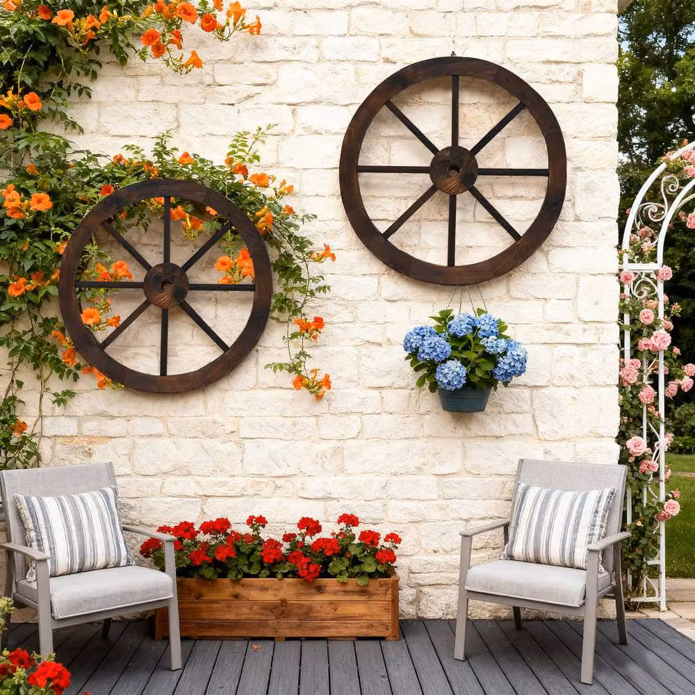 Costway Set of 2 Rustic Wood Wagon Wheels Vintage Wall Hanging Decoration, Brown, Diameter: 60.96 cm – 5