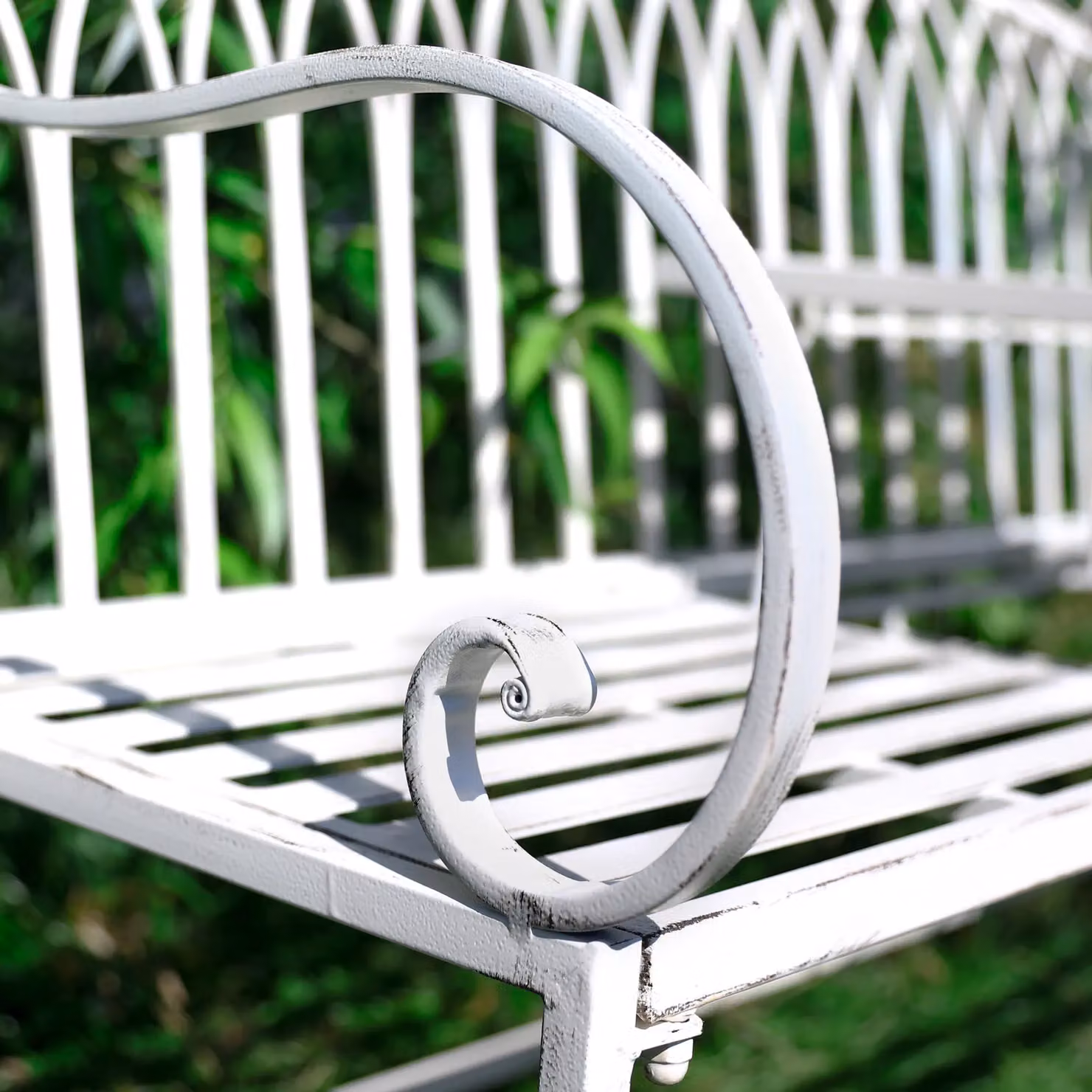 Dibor Vintage Large Cream Arched Metal Garden Companion Seat with Grey Cotton Seat Pad Cushions – 3