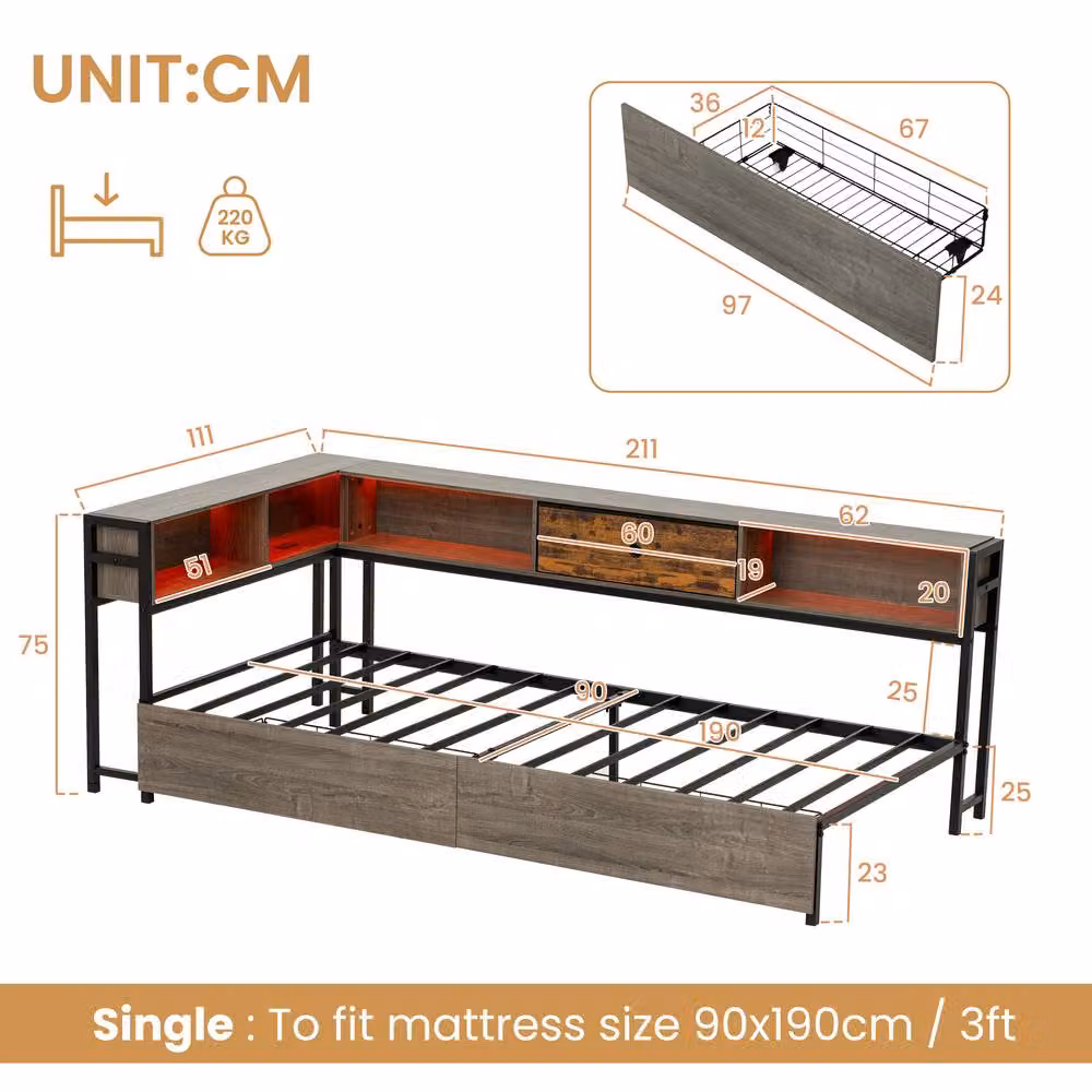 ModernLuxe Single Bed Frame in Brown with LED Lighting, USB Charging Port, Drawers and L-Shaped Storage Headboard, W/D/H: 90 x 190 x 111 cm – 9