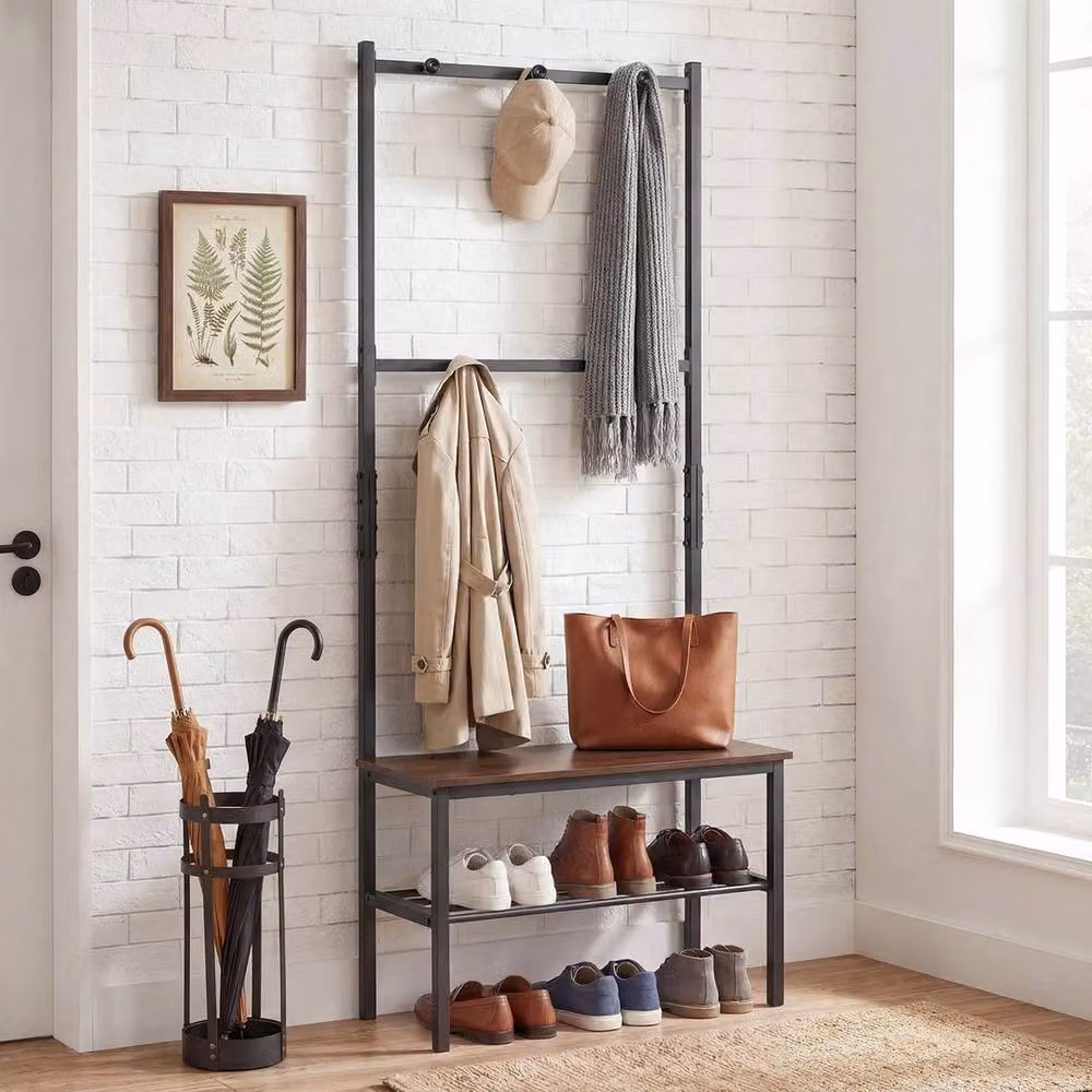 KORVIXA Industrial Hallway Hall Tree with Bench and Shoe Rack, Brown – 2