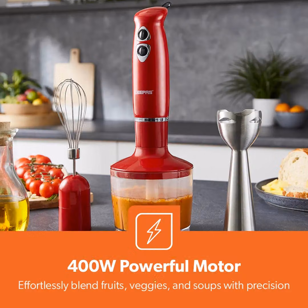 Geepas 3-in-1 Hand Blender Mixer and Chopper Food Processor with Stainless Steel Blades, 400W, Red – 3