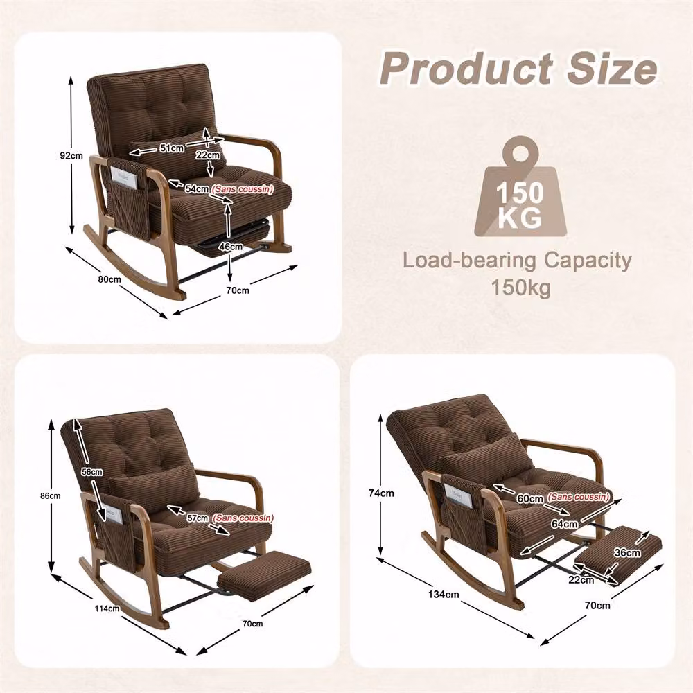 Direct Wicker Corduroy Upholstered Rocker Glider Chair with Footrest and Side Pocket in Dark Brown – 2