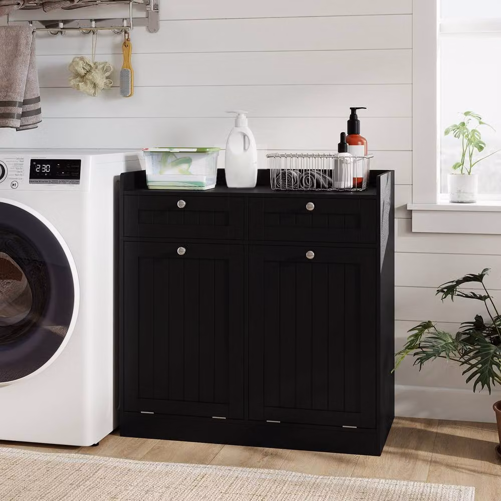 Costway Black Tilt-Out Laundry Hamper Cabinet and Bathroom Storage Unit with 2 Drawers – 6
