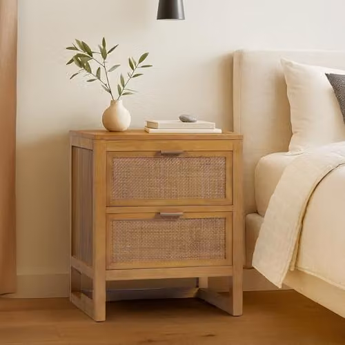 Teamson Home Hatteras Bedside Table with 2 Rattan Inset Drawers, Natural Finish, W: 51 cm, D: 40.64 cm, H: 60.96 cm – 2