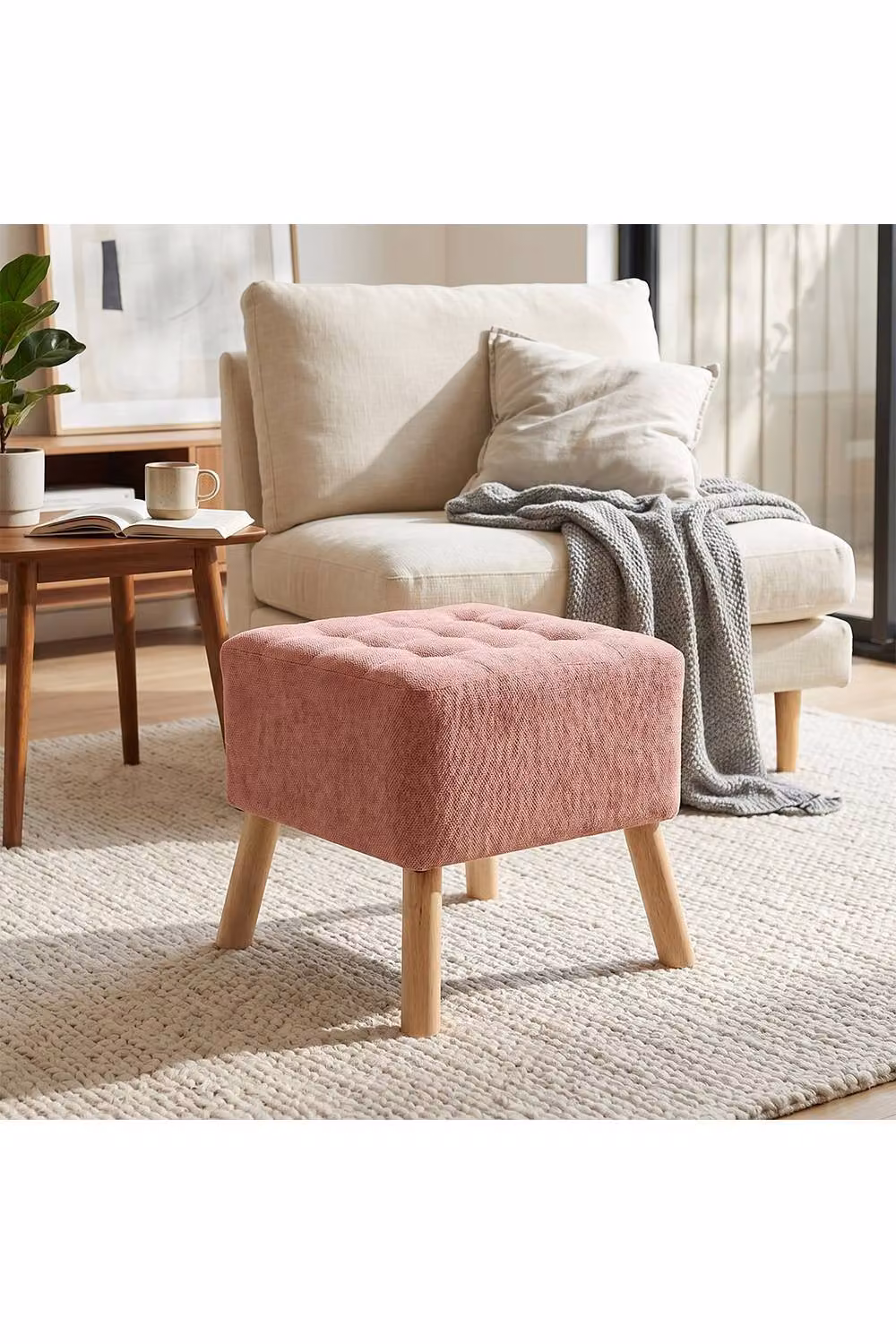 Living and Home Pink Chenille Upholstered Cube Footstool – 3