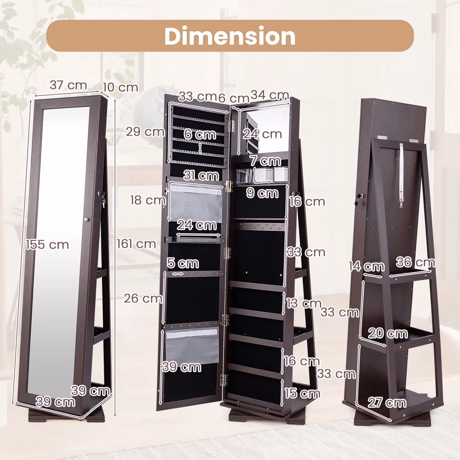 Gymax 360 Rotating Jewelry Armoire with Full Length Mirror in Brown – 2