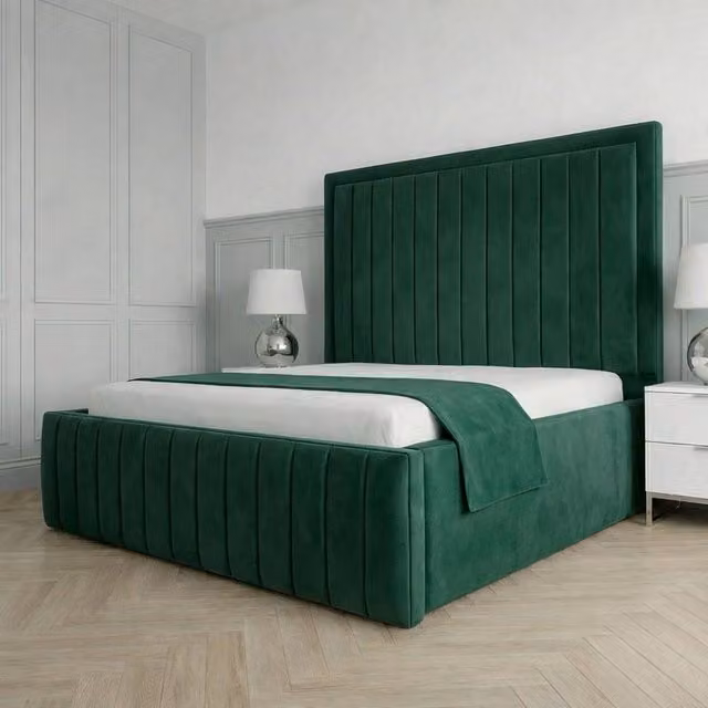 Living Comfort Bedz Sovereign Green Velvet Upholstered Gas Lift Storage Bed with 48 Inch Headboard, Size: Small Double – 1