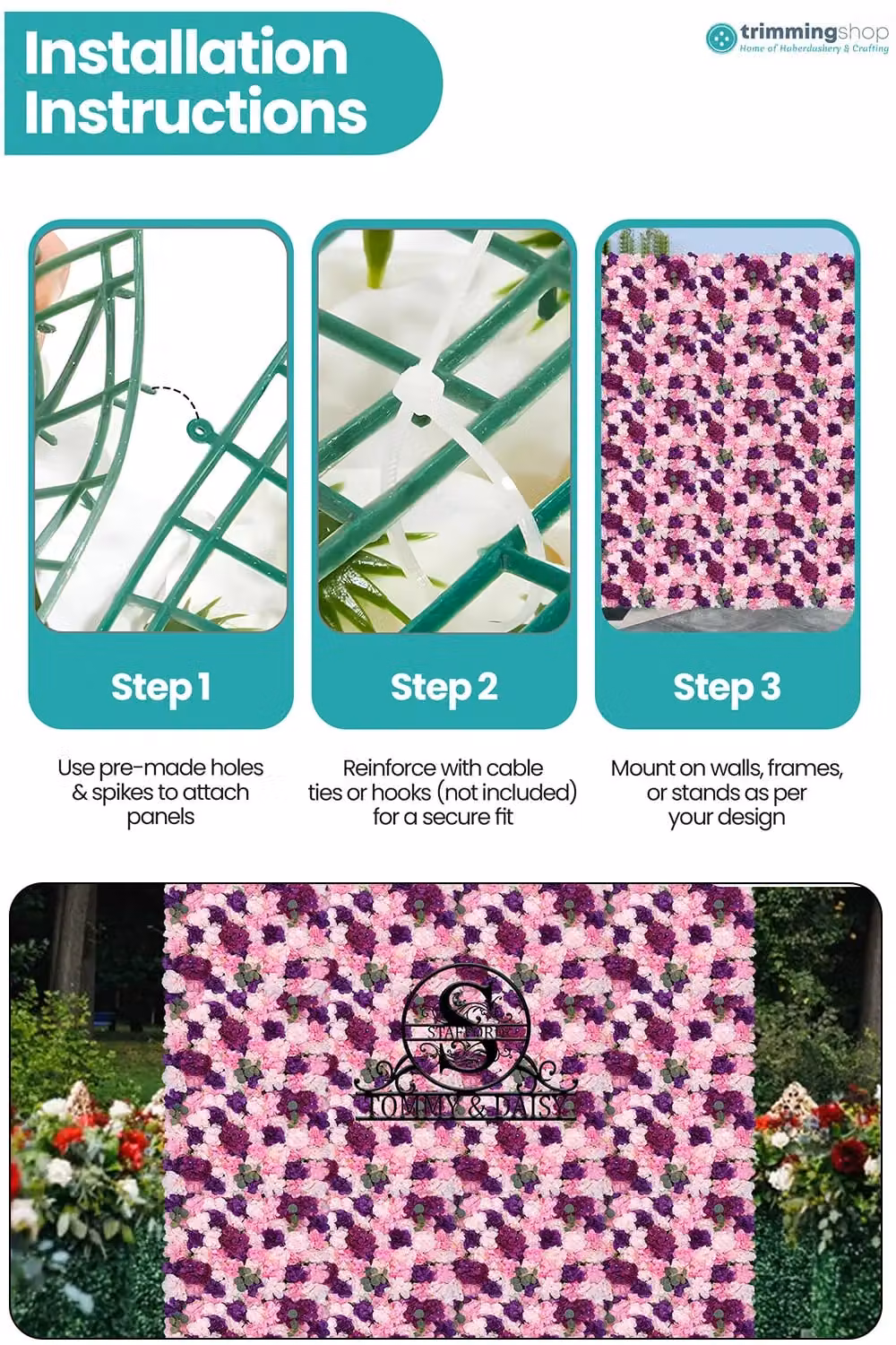 Neel Blue Decorative Artificial Floral Wall Panel for Wedding Photo Backgrounds in Blue and Pink, W: 60.0 cm, H: 40.0 cm – 2