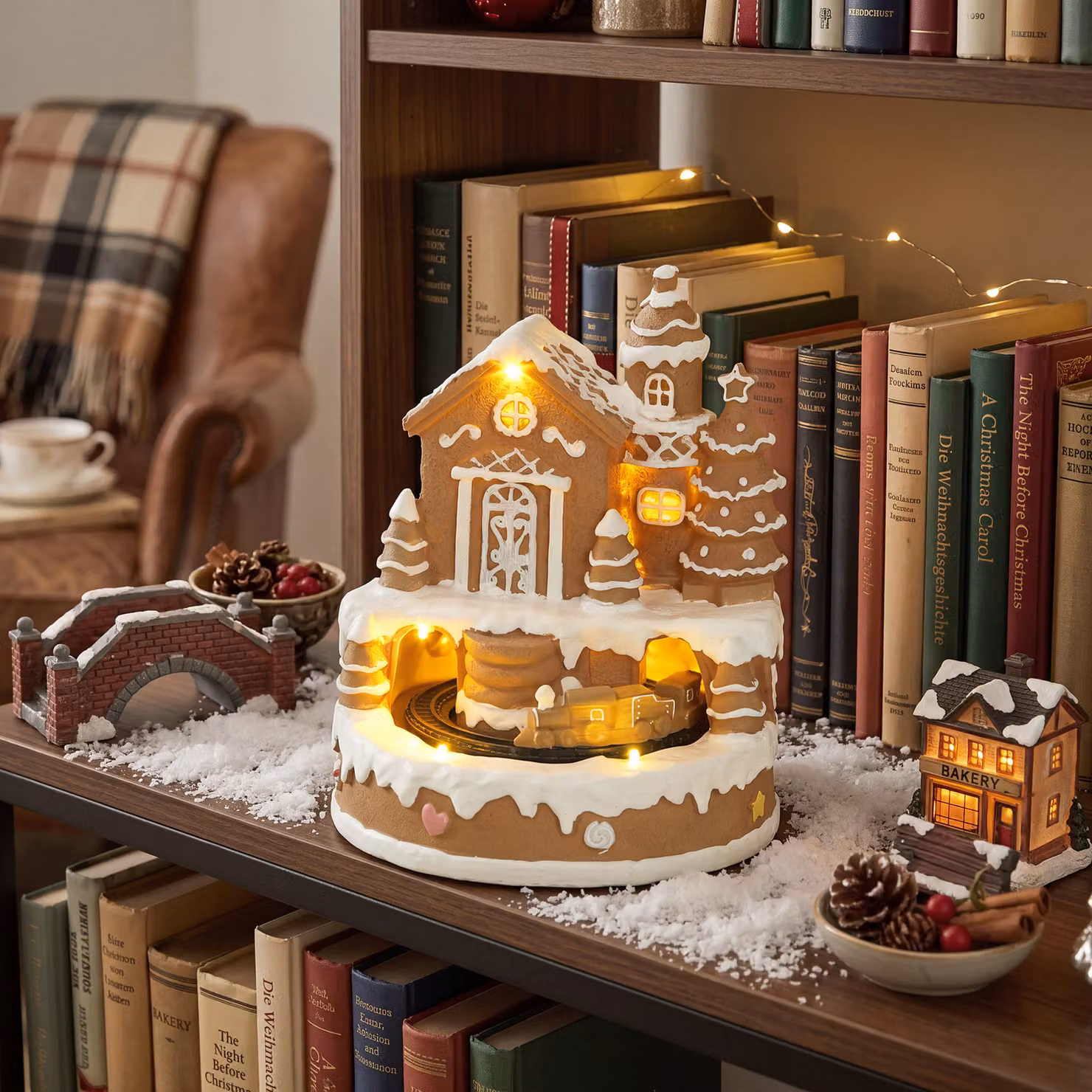 HOMCOM Christmas Gingerbread House Lighted Musical Snow Village with Rotating Train and LEDs in White and Brown – 2