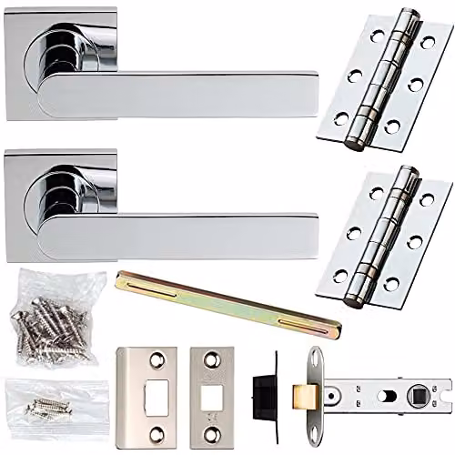 Loops Chrome Modern Flat Sleek Bar Door Handle and Latch Pack with Square Rose