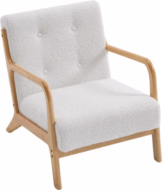 Lifeideas Mid Century Modern White Bouclé Fabric Armchair Lounge Chair with Armrests and Wood Frame