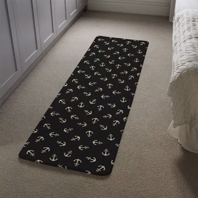 Benjamin Tate Design LTD Anchors On Black Background Non-Slip Polypropylene Runner Rug, Black