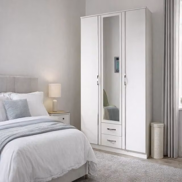Duo 078484 White Modern Freestanding Wardrobe with 3 Hinged Doors, 2 Integrated Drawers and Mirror