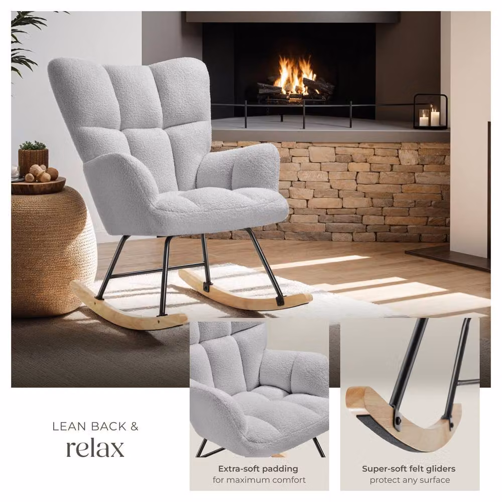 tectake Torve Rocking Chair with Bouclé Fabric and Wooden Runners in Light Grey – 3