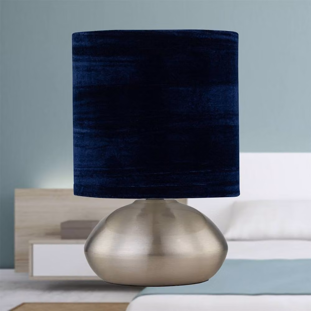 First Choice Lighting Jenson Dimmable Touch Table Lamp with Blue Fabric Shade in Brushed Chrome and Silver – 4
