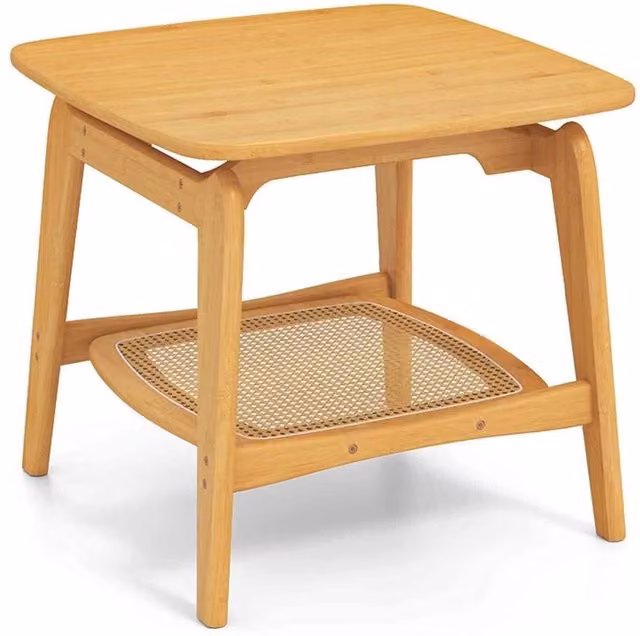 KORVIXA Boho Bamboo Accent Bedside Square End Table with Shelf in Natural Sand/Brown, W/D/H: 100 x 100 x 100 cm