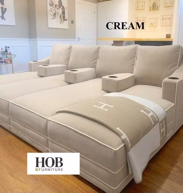 HOB Furniture Viva Luxury U-Shape Cinema Sofa in Cream Velvet Fabric with Cup Holders