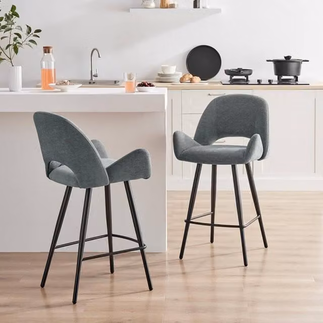 FurnitureboxUK Set of 2 Layla Grey Fabric Bar Chairs with Metal Legs