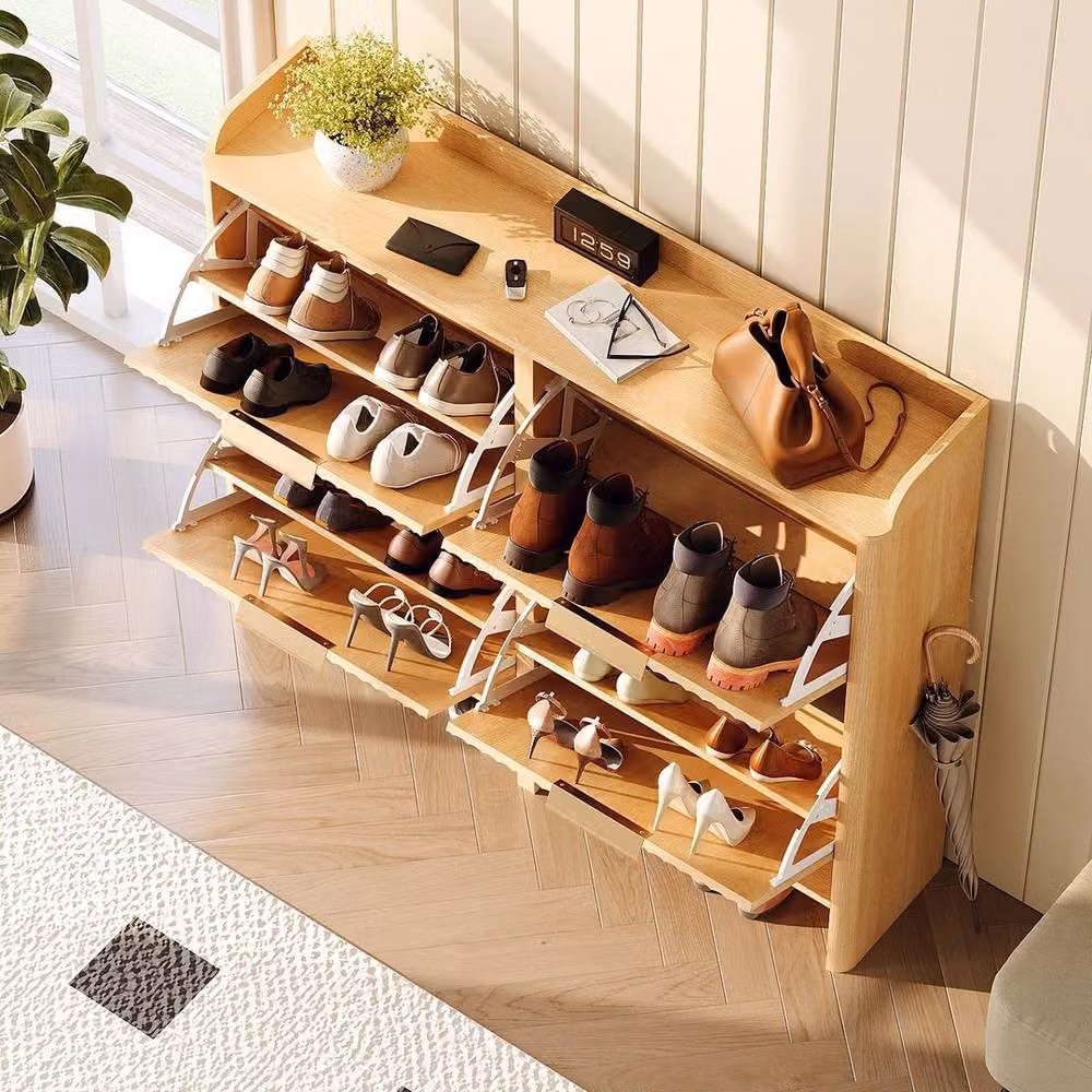 EONLION Modern Oak Shoe Cabinet in Brown with 4 Tilting Compartments and Gold Details, Width: 100 cm – 2