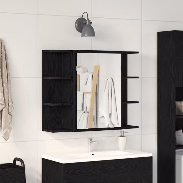 Berkfield Home Black Oak Solid Wood Compact Wall Mounted Bathroom Mirror Cabinet with Internal Shelves