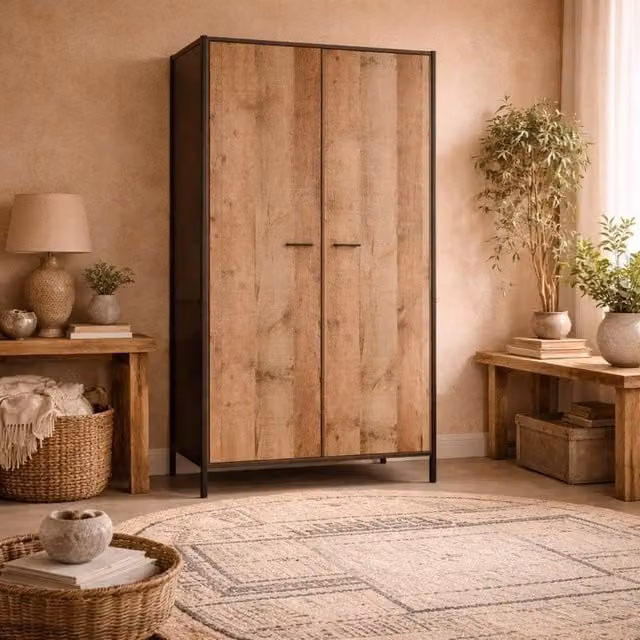 Wyld Haus Lucan 2 Door Wardrobe in Distressed Oak Effect, Brown and Sand, H 180 x W 52 x D 54 cm – 1