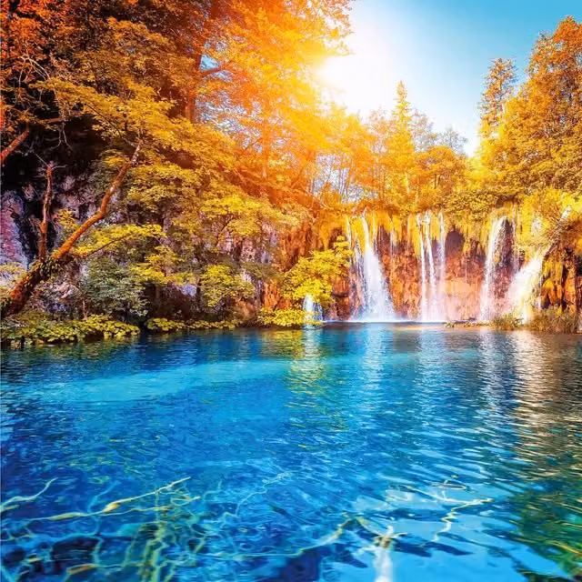 Waterfall and Lake Croatia Wall Mural in Blue