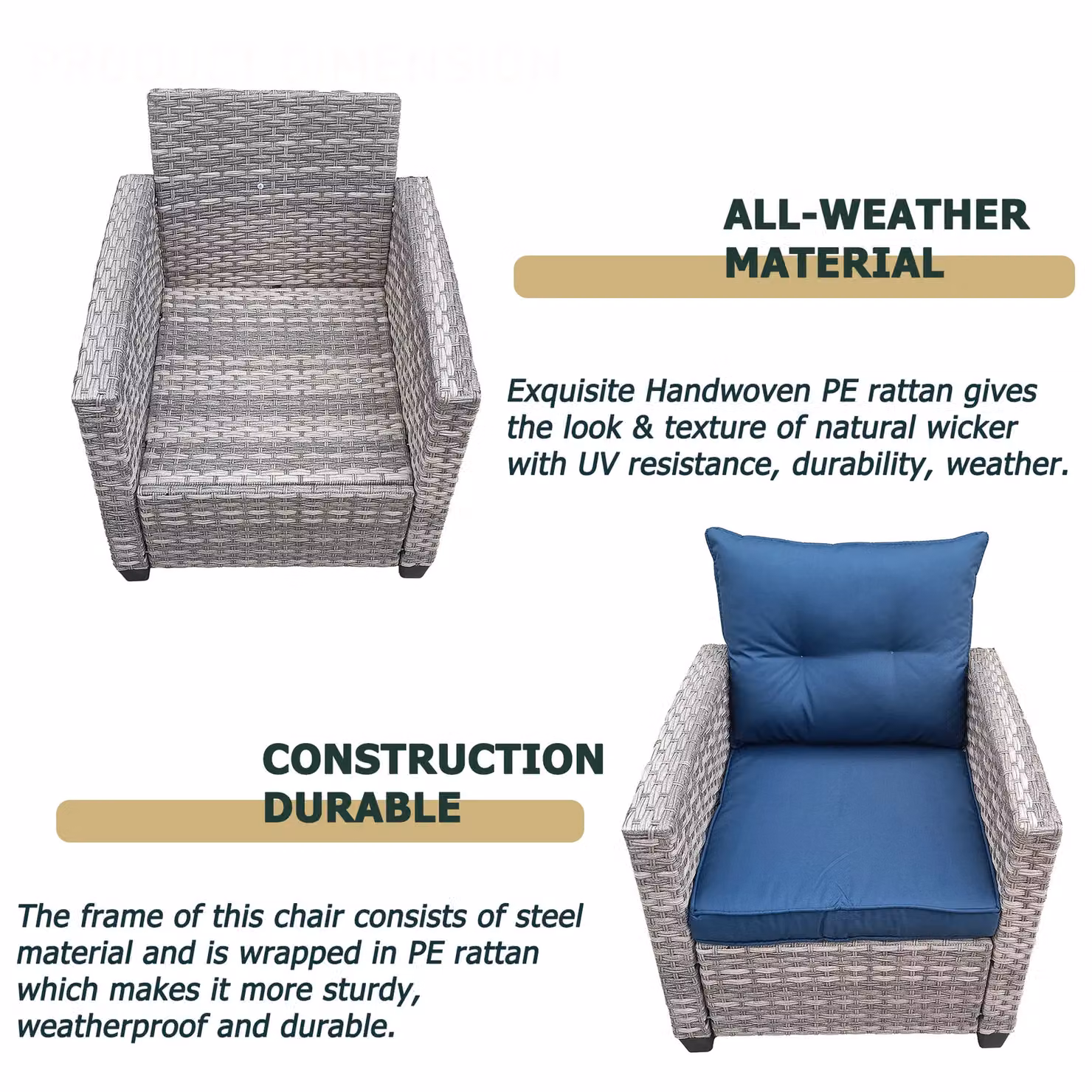 FURNITURE ONE 3 Piece Outdoor PE Rattan Bistro Set with Tempered Glass Top Coffee Table in Natural – 3