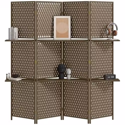 HOMCOM 4-Panel Folding Room Divider with Storage Shelves in Brown – 1