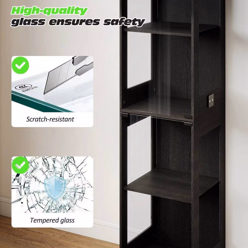 FLAVORA 4 Tier Modern Display Cabinet in Black with Glass Doors and 3-Colour Sensor LED Lighting, W: 100 cm, D: 60 cm – 6
