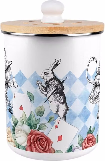 Purely Home Alice's Adventures in Wonderland Food Waste Caddy, 2L Metal Kitchen Compost Bin with Flip Lid, Blue and Multicolour