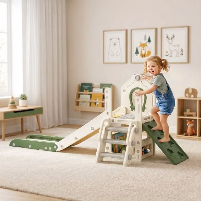 AIYAPLAY Foldable 5 in 1 Kids Slide with Climber and Basketball Hoop, White