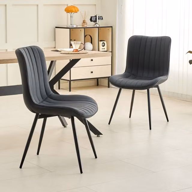 Xample Set of 2 Modern Padded Dining Chairs in Black Synthetic Leather with Metal Legs