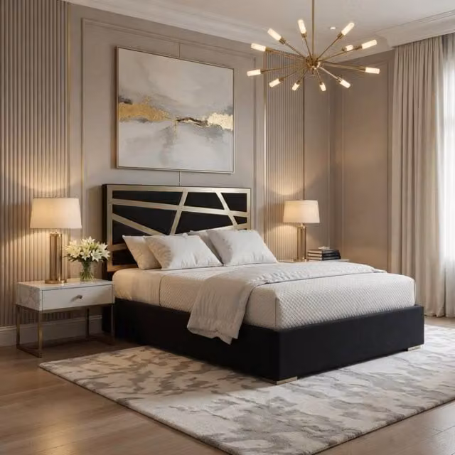 KDMD Frilford Modern Upholstered Velvet Designer Bed Frame with Metal Accents, W/D/H: 120 x 200 x 189 cm – 1