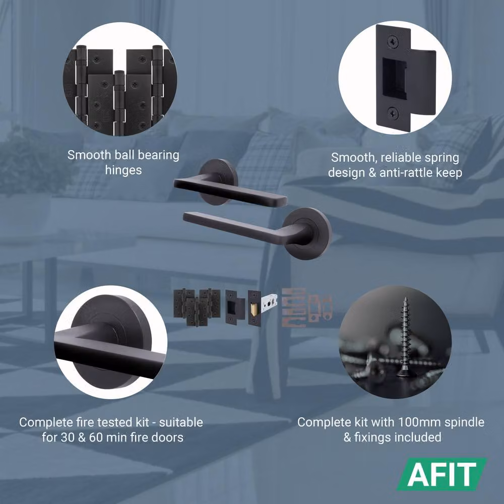 AFIT Matt Black Fire Door Handle Latch Set with Hinges, Aluminium, W/D/H: 15 x 15 cm – 3