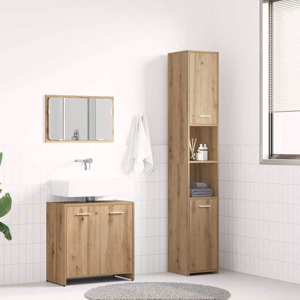 Berkfield Home 3 Piece Modern Bathroom Furniture Set in Artisan Oak Brown, including Vanity Unit, Mirror Cabinet and Tall Cabinet