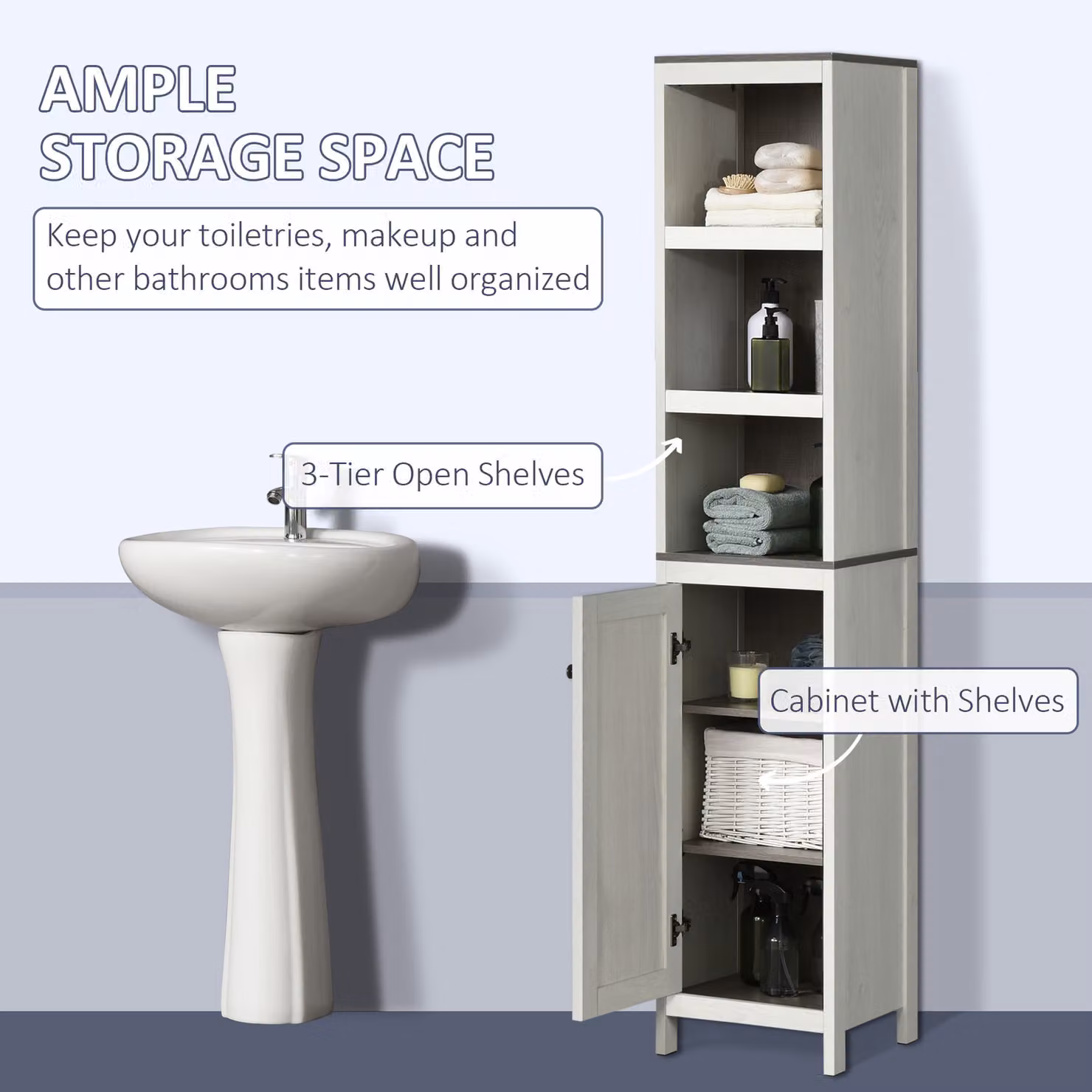 Kleankin Narrow Bathroom Cabinet, Tall Freestanding Storage Unit with 3 Shelves and Hinged Doors, White – 3