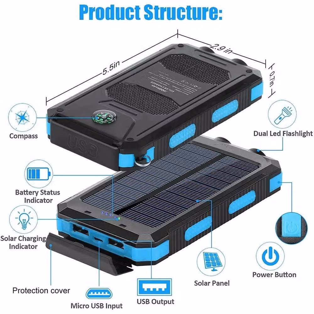 FLAVORA 30000mAh Solar Fast Charge Power Bank with Flashlight, Black – 6