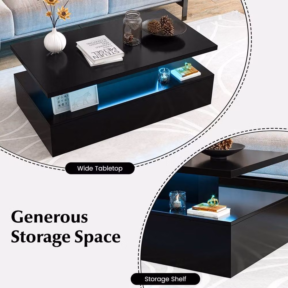 Costway Modern 2-Tier Rectangular Coffee Table with LED Light and Glass Panel in Black – 8