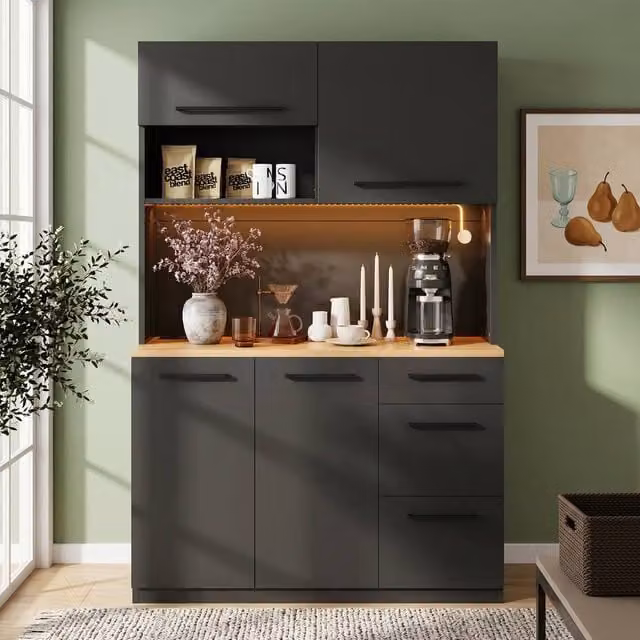 Merax Modern Tall Kitchen Storage Cabinet in Black with Integrated LED Lighting and Glass Doors, H 180 x W 40 x D 60.2 cm