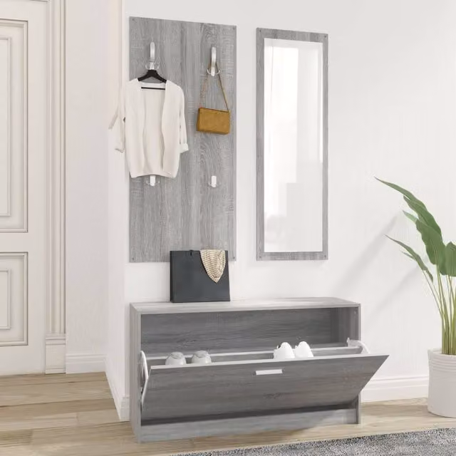 Berkfield Home 3-in-1 Shoe Cabinet Set with Mirror and Wall Rack in Grey Sonoma Matt MDF